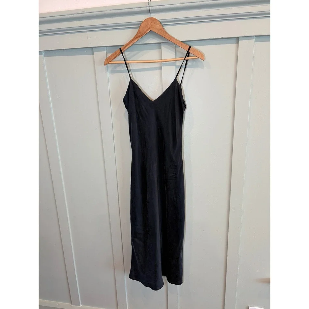 WinterSilks 100% Silk Slip Dress Black Midi V-Neck Spaghetti Strap Small